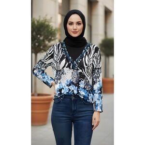 Alberto Makali Zebra Floral Print Crinkle Top Blouse Sheer XL Long Sleeve